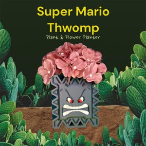May include: A gray Super Mario Thwomp plant and flower planter with a red angry face. The planter is filled with pink flowers and is surrounded by green cactus plants.