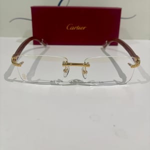 Cartier Rimless Eyeglasses, Vintage  Gold & Brown Wood Temple With Clear Lens Eyewear Men/ Women, Parents Day Gift, Gift For Her/Him