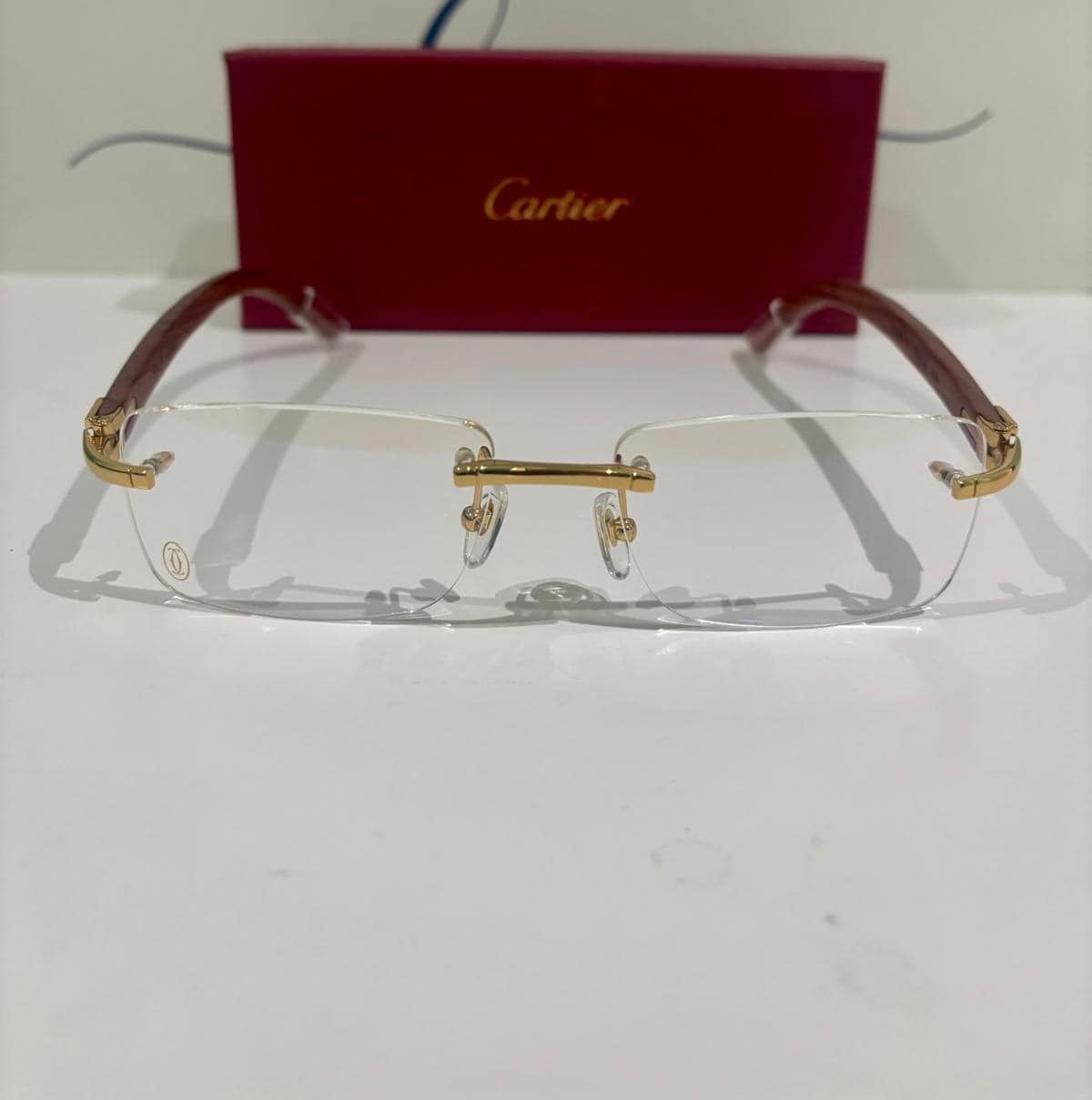 Cartier Rimless Eyeglasses: Vintage Gold & Brown Wood Temple Clear