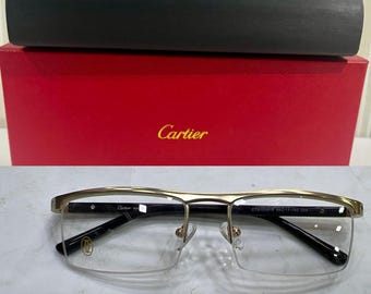 Cartier Half Rim Eyeglasses Frame, Vintage Black Temple Gold Frame With Clear Lens Eyewear Men/ Women, Father Day Gift, Gift For Her/ Him