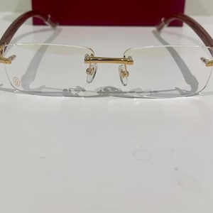 Cartier Rimless Eyeglasses:  Vintage Gold & Brown Wood Temple Clear Lens Glasses, Valentines Day Gift For Him/ Her
