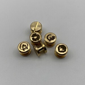 Op de afbeelding: Zes gouden metalen schroefknoppen met verschillende gegraveerde ontwerpen. De ontwerpen omvatten een pootprint, een halve maan, een cirkel met een lijn erdoorheen en een gezicht.