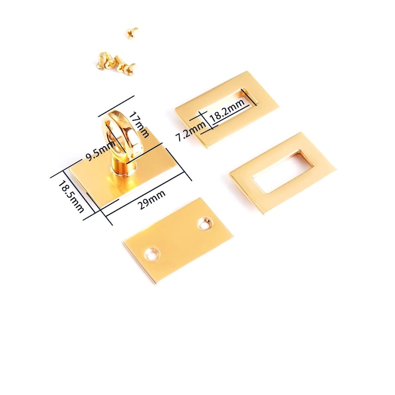 Pu&ograve; includere: Componenti hardware per borse rettangolari color oro. Include una chiusura rettangolare con anello, due chiusure rettangolari con aperture e un piccolo pezzo rettangolare con due fori. Misure in millimetri.