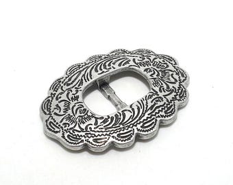 Hand-Engraved O-Ring Buckle in Antique Silver, Victorian Style Adjuster for Leather Straps, Vintage Zinc Alloy Purse Hardware