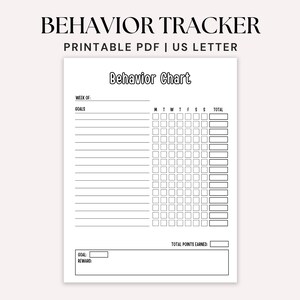 Puede incluir: Un gr&aacute;fico de seguimiento de comportamiento blanco imprimible con el texto "Behavior Tracker" en la parte superior. El gr&aacute;fico incluye secciones para objetivos, un rastreador semanal y una secci&oacute;n de recompensa. El documento es de tama&ntilde;o US Letter.