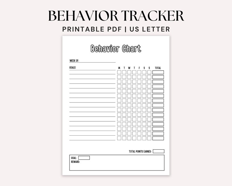 Puede incluir: Un gr&aacute;fico de seguimiento de comportamiento blanco imprimible con el texto "Behavior Tracker" en la parte superior. El gr&aacute;fico incluye secciones para objetivos, un rastreador semanal y una secci&oacute;n de recompensa. El documento es de tama&ntilde;o US Letter.