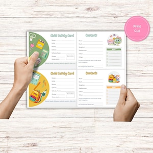 子ども安全カード、幼稚園連絡先、新学期カード、印刷可能な子ども用緊急連絡先カード、バックパックIDカード、安全印刷カード