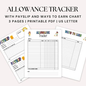 May include: A printable allowance tracker with payslip and ways to earn chart. The design includes three pages with the text "Allowance Tracker", "Payslip", and "Ways to Earn". The pages are in US Letter size.
