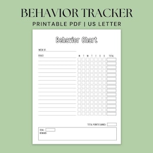 May include: A white printable behavior chart document with black text and lines. The header reads Behavior Chart, followed by a section for Week of, a list of goals, a grid for days of the week, a total column, and a section for reward goals.
