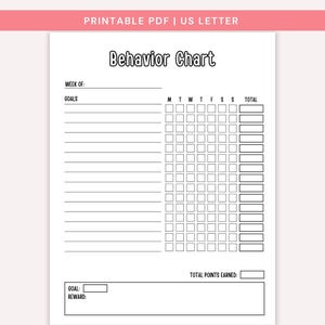 Puede incluir: Un gr&aacute;fico de comportamiento imprimible en tama&ntilde;o US Letter con el t&iacute;tulo "Behavior Chart" en una fuente audaz y l&uacute;dica. El gr&aacute;fico incluye secciones para objetivos, un calendario semanal y un espacio para recompensas. La parte superior de la p&aacute;gina tiene el texto "PRINTABLE PDF | US LETTER".