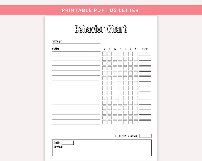 Puede incluir: Un gr&aacute;fico de comportamiento imprimible en tama&ntilde;o US Letter con el t&iacute;tulo "Behavior Chart" en una fuente audaz y l&uacute;dica. El gr&aacute;fico incluye secciones para objetivos, un calendario semanal y un espacio para recompensas. La parte superior de la p&aacute;gina tiene el texto "PRINTABLE PDF | US LETTER".