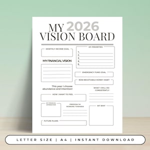 Könnte beinhalten: Schwarz-weiß druckbares Vision Board für 2026. Das Board enthält Abschnitte für monatliche Einkommensziele, finanzielle Vision, Prioritäten und Zukunftspläne. Der Text enthält "Dieses Jahr wähle ich Fülle und Absicht!" und "Letter Size | A4 | Instant Download."