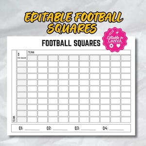 May include: A printable football squares grid featuring a black and white layout with columns for team names, dollar amounts per square, and designated spaces for Q1, Q2, Q3, and Q4 scores. A pink badge in the corner displays the text Editable in CANVA.