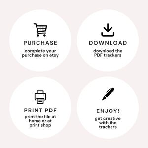 Puede incluir: Un gr&aacute;fico con cuatro pasos para comprar y usar rastreadores PDF. Los pasos son: &iexcl;Comprar, Descargar, Imprimir PDF y Disfrutar! Cada paso est&aacute; en un c&iacute;rculo blanco con un icono negro y texto sobre un fondo rosa claro.