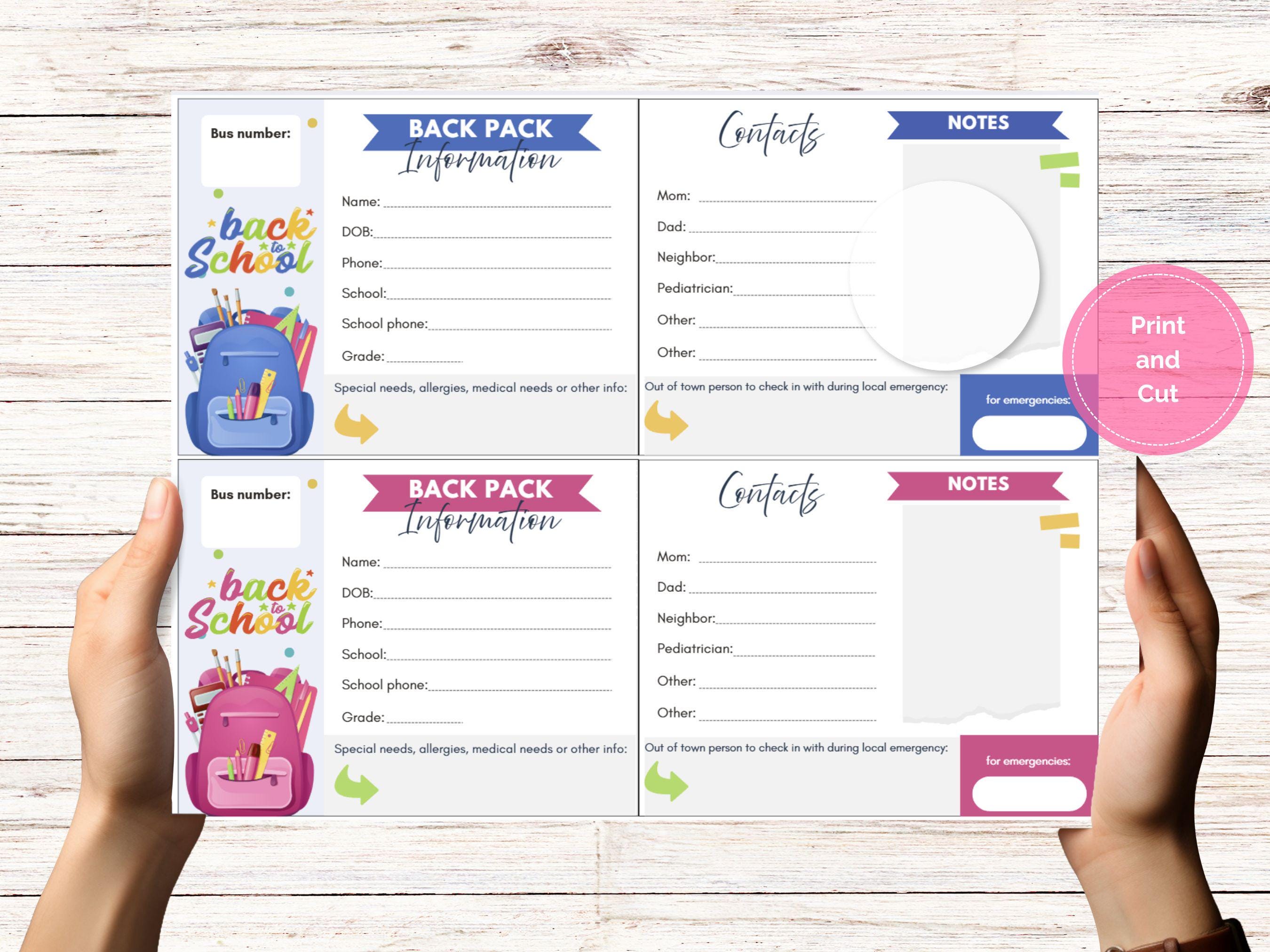 Backpack Tags for Kids, Emergency Contact for Preschool Card, Back to ...