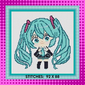 May include: Cross-stitch pattern featuring a cartoon character with long, turquoise hair and pink accents. The character wears a black outfit with a tie. The text "STITCHES: 92 X 88" is at the bottom. The design is framed in a teal border.