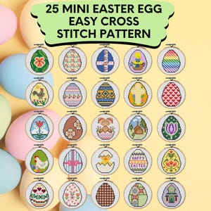 Könnte beinhalten: 25 Mini-Osterei-Kreuzstichmuster. Die Muster zeigen eine Vielzahl von Ostern-Motiven, darunter Hasen, Küken, Eier und Kreuze. Die Muster sind alle farbig und leicht zu befolgen.