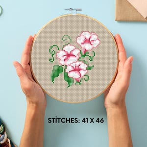 May include: A cross-stitch pattern of pink and white flowers with green leaves on a beige background. The pattern is in a round embroidery hoop and the text "STITCHES: 41 X 46" is below the hoop.