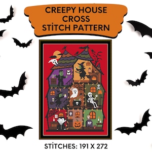 Halloween Monster Mansion Kreuzstichmuster | Spukhaus SAL | Digitale PDF Stickvorlage | Gruseliger Halloween Stich A Lang
