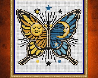 Patrón de punto de cruz de mariposa de sol y luna / Diseño de bordado místico y alas celestiales / Punto de cruz de mariposa inspirado en el día y la noche