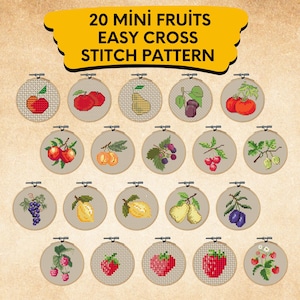 Fruit Cross Stitch Pattern Bundle , 20 Mini  Easy Fruits Cross Stitch Pattern , Sampler Fruit cross  Stitch , Sampler Mini Xstitch Pattern