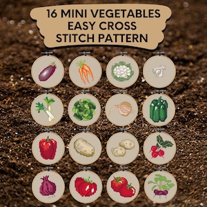 Set of 16 Mini Easy Vegetables Cross Stitch Patterns Bundle / Sampler Food Cross Stitch Designs / Fun  Colorful Food Cross Stitch Collection