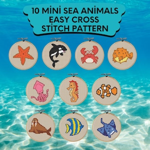 Bundle Sea Animals Cross Stitch Patterns , 10 Mini Size Easy Sea Animals Cross Stitch Pattern , Nursery Decor Idea , DIY Gift Cross Stitch