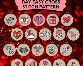 Alla hjärtans dag korsstygnsmönsterpaket, 20 mini enkla alla hjärtans dag korsstygnsmönster, Alla hjärtans dag korsstygnsmönster