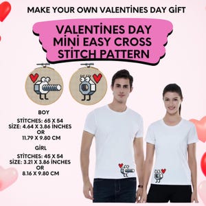 May include: Two cross stitch patterns for Valentine's Day. The patterns are of a simple cartoon nut and bolt with a heart. The boy pattern is 65 stitches by 54 stitches, or 4.64 inches by 3.86 inches. The girl pattern is 45 stitches by 54 stitches, or 3.21 inches by 3.86 inches.