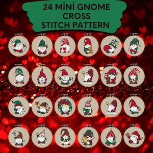 May include: A set of 24 mini gnome cross stitch patterns, each in a small embroidery hoop. The gnomes have festive designs in red, green, and white, ideal for seasonal crafting projects. The text reads: "24 Mini Gnome Cross Stitch Pattern."