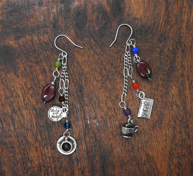 Coffee Bean Espresso Earrings Java Themed with Half n Half and Sugar Charms
