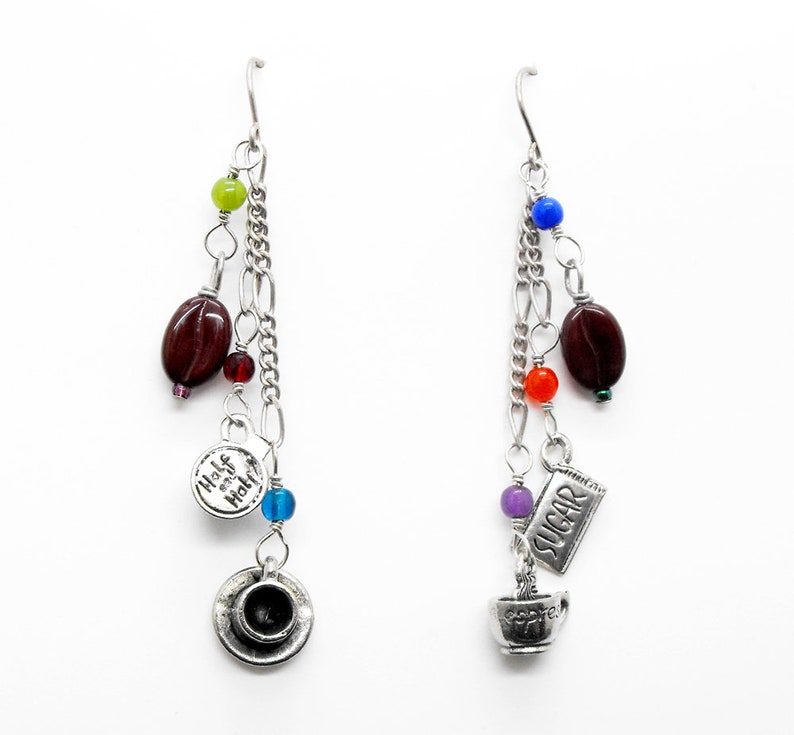 Coffee Bean Espresso Earrings Java Themed with Half n Half and Sugar Charms