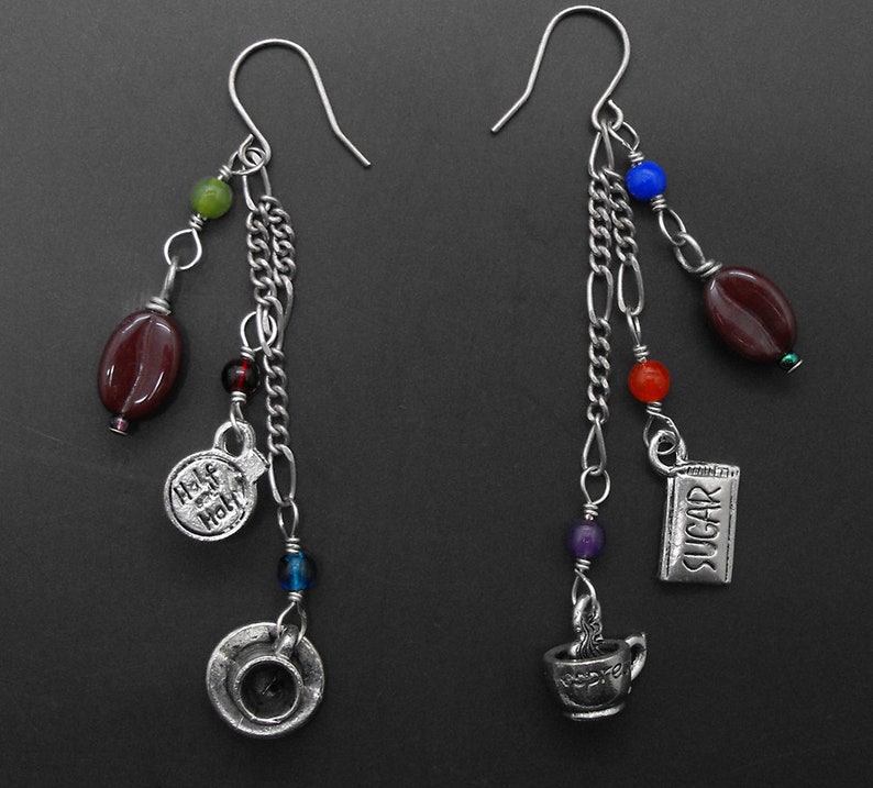Coffee Bean Espresso Earrings Java Themed with Half n Half and Sugar Charms