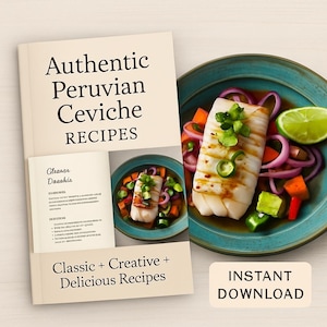Receta auténtica de ceviche peruano | Plato de mariscos frescos y sabrosos | Descarga digital fácil para imprimir