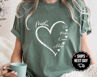 Personalized Heart Name T-Shirt, Custom Mama Tee with Kids Names, Mother's Day Aesthetic Gift