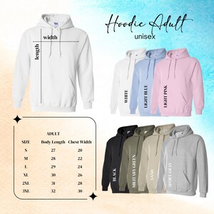 The image is a collage of various adult hoodie designs, including different colors and sizes, along with their corresponding measurements.