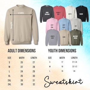 a collection of sweatshirts with different sizes and colors, along with their corresponding dimensions. The text provides a visual guide for selecting the appropriate size and length for each sweatshirt.