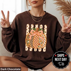 May include: A dark chocolate brown crewneck sweatshirt featuring a central graphic of a pumpkin with a light pink bow. The pumpkin has segments with leopard print, orange plaid, and floral patterns, set against a background of vertical beige stripes.