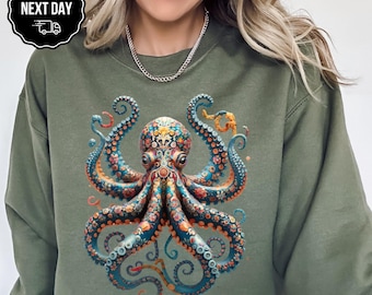 Octopus Art Hoodie Sweater | Vintage Flower Patterns Sweatshirt | Floral Graphic for Scuba Diver | Ocean Animal Lover | Gift | Everyday wear