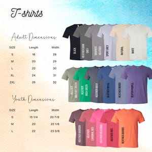 a collection of T-shirts in various sizes and colors, along with their corresponding adult dimensions and youth dimensions.