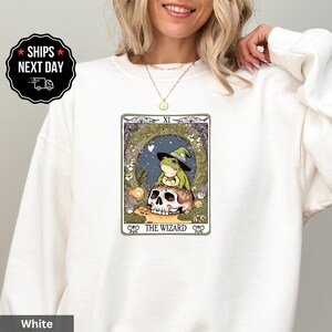 Whimsical Frog Wizard Tarot Card Hoodie Sweater | Mystical Cottage core Witchy Sweatshirt with Skull & Forest | Cute Fantasy Nature Crewneck