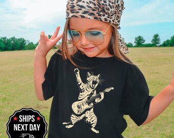 Kids Cat Playing Guitar Shirt Hoodie, Funny Music Youth Tee, Rock Band Cat Sweatshirt, Cute Guitar Graphic Top, Fun Gift
