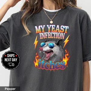 May include: A dark gray t-shirt with a graphic of a possum wearing sunglasses and flames. The text "My Yeast Infection Itches" is printed on the shirt.