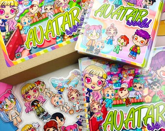 May include: A collection of colorful notebooks and stickers featuring cartoon characters and the text "AVATAR WORLD." The notebooks have spiral bindings and clear covers. The stickers showcase various characters in a vibrant, playful style, with a rainbow border.