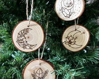 Moon/Crystal Themed Woodburned Ornaments