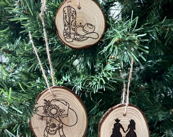 Western Themed Woodburned Ornaments