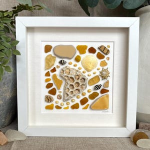 Honeycomb Home ~ Framed Sea Glass Art ~ Genuine Sea Glass, Sea Pottery, Seashell Collage