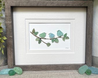 Three Little Birds | Framed Sea Glass Bird Art | Handmade Wall Decor | 5x7 or 8x10
