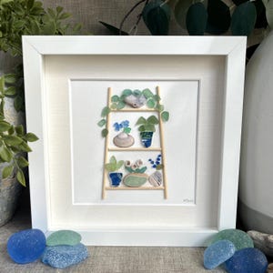Ocean Breeze Plant Stand | Framed Sea Glass, Sea Pottery, Seashell Art | Handmade Coastal Wall Decor | 8x8