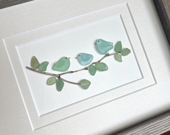 Three Little Birds | Framed Sea Glass Bird Art | Handmade Wall Decor | 5x7 or 8x10